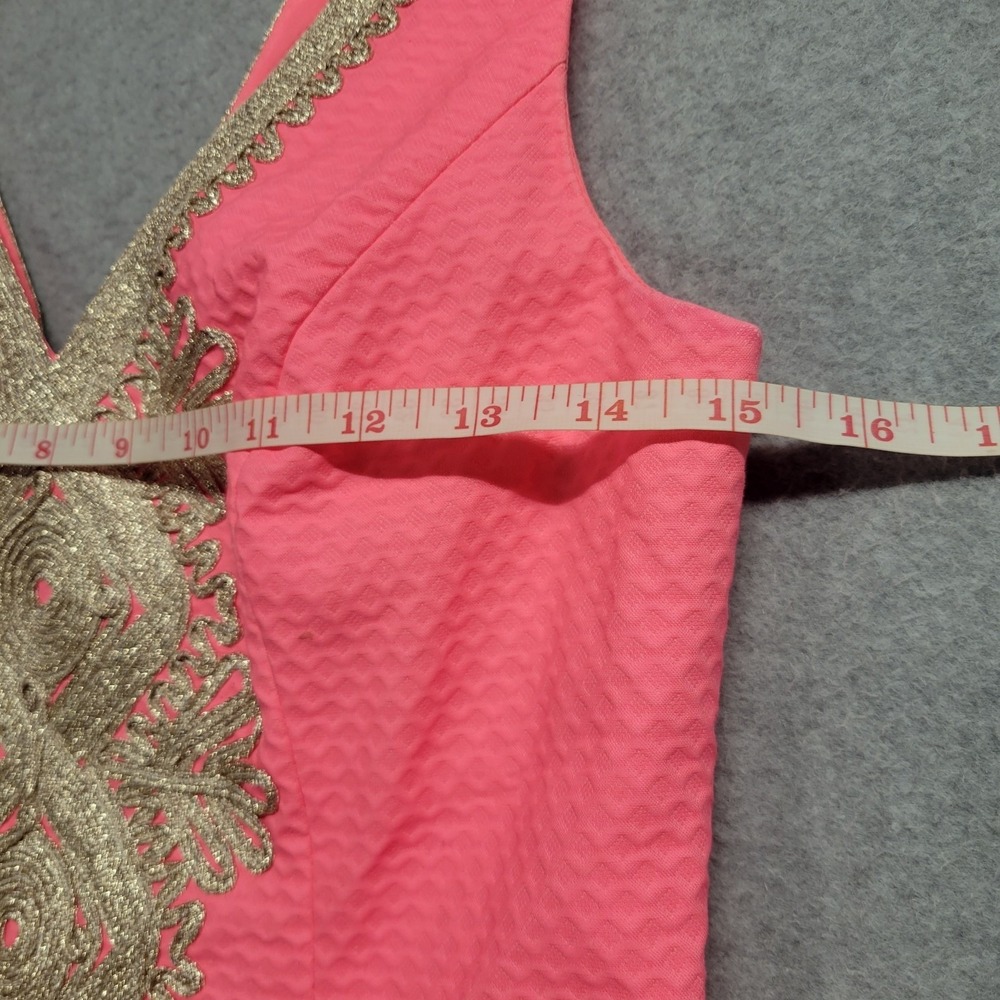 Lilly‎ Pulitzer Pink Seersucker Gold Soutache Embroidered V-Neck Shift Dress 0 - Picture 6 of 15